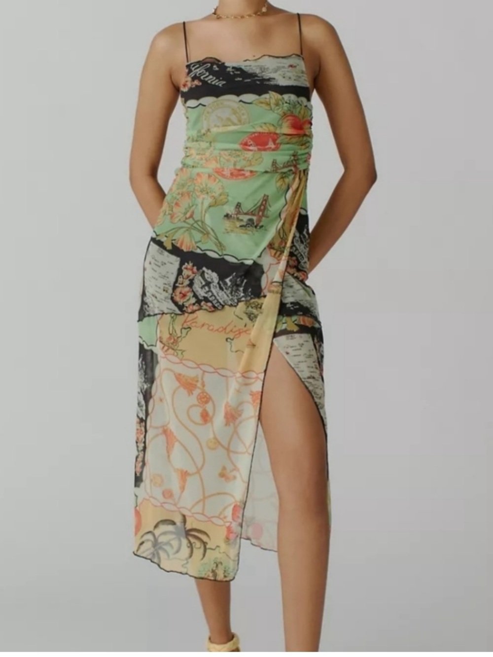 Urban Outfitters Wild Side Mesh Slip Dress Midi Slit California Print